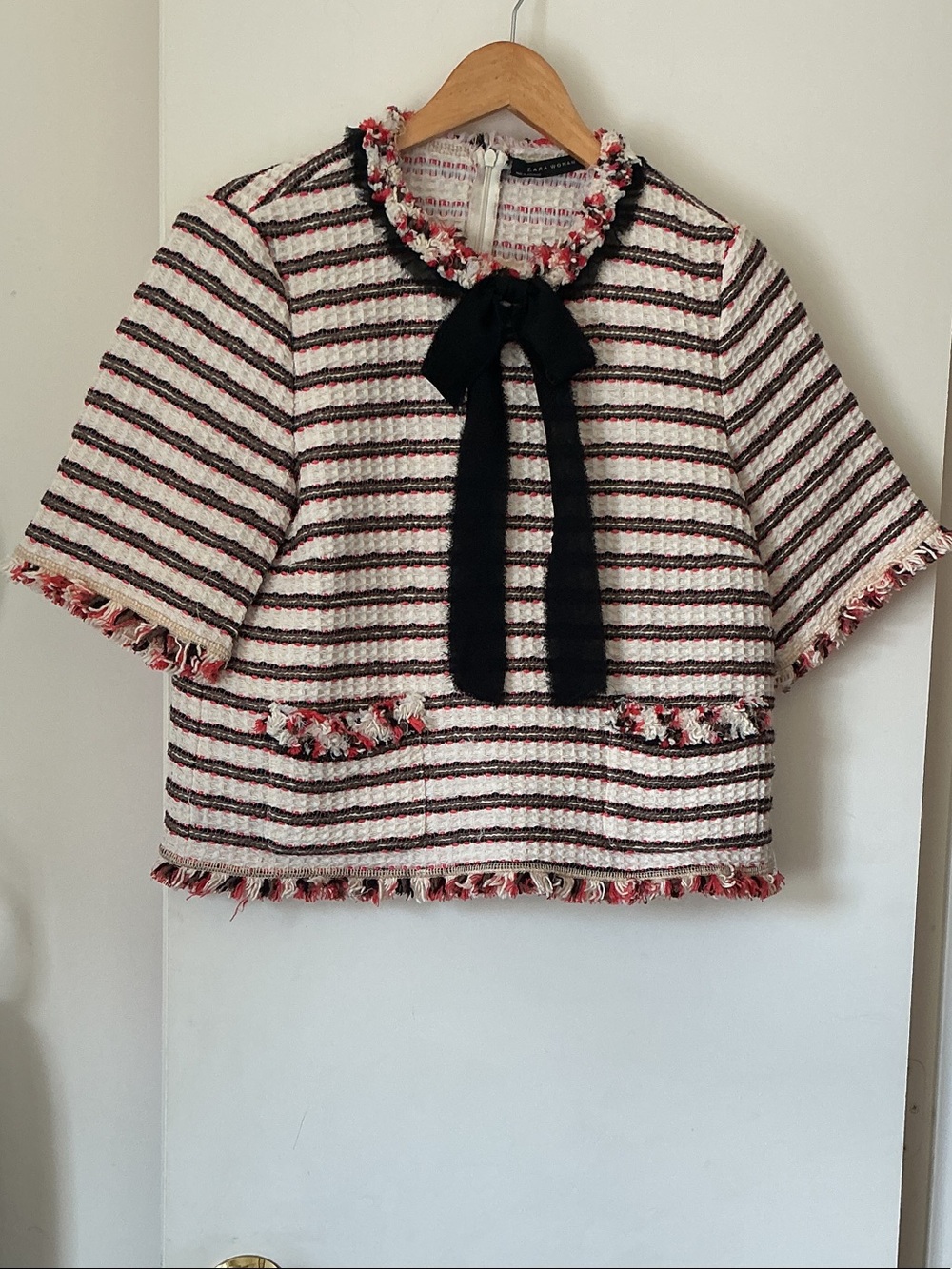 ZARA Women’s ' Cream & Black Striped Tweed Top with Bow